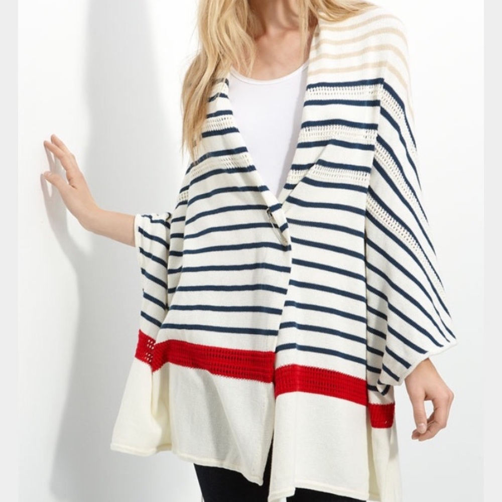 NWT Elizabeth and James Navy/Red/Cream Striped Poncho-One Size